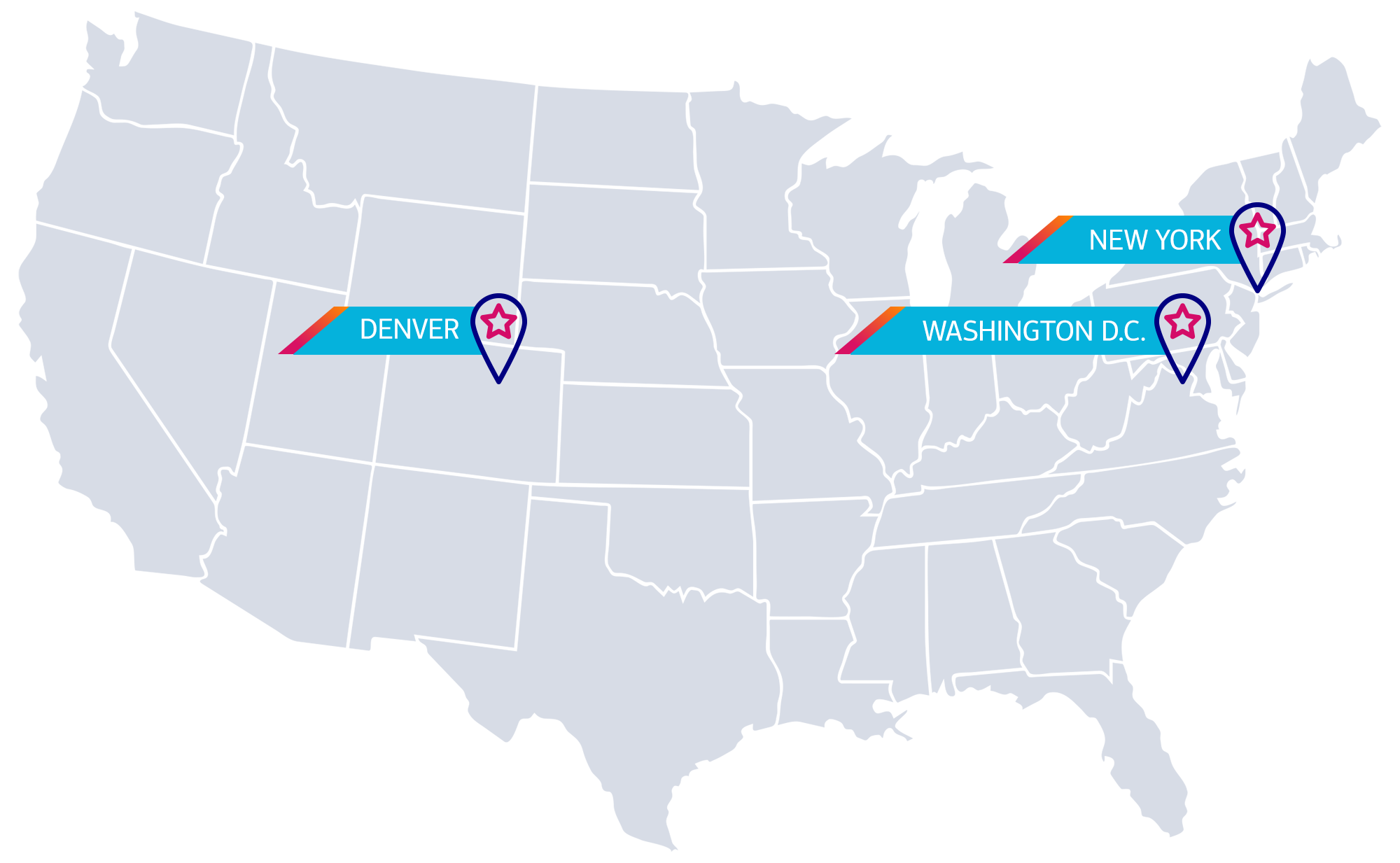 DAS42 location map with offices in Denver, New York and Washington D.C.